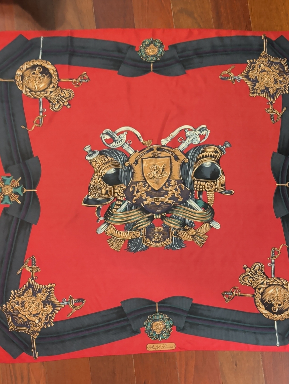 Ralph Lauren Vintage 1969 Red Crest Decorative Scarf with Gold and Black Accents